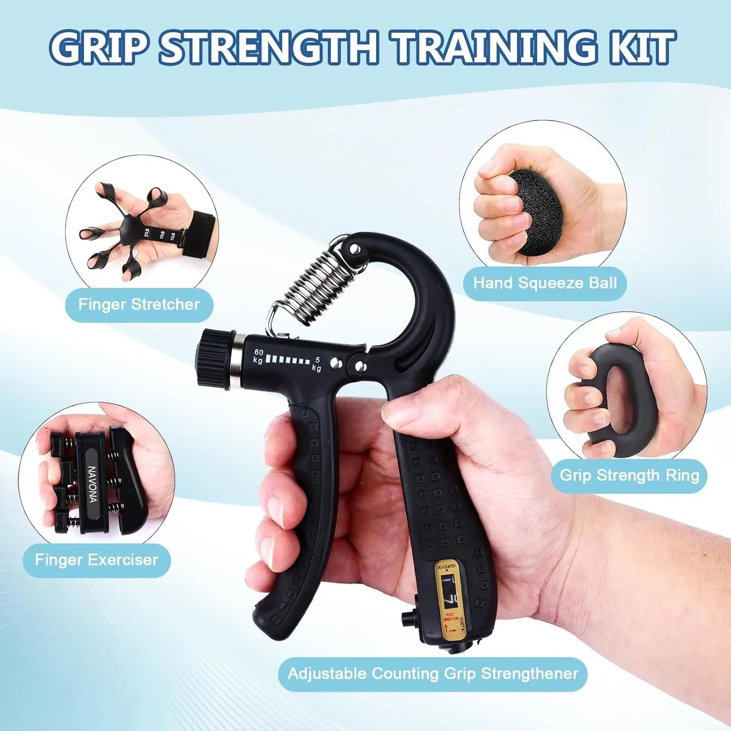 Grip Trainer Kit (Hand Gripper, Finger Exercisers, Stress Ball, Forearm Ring)